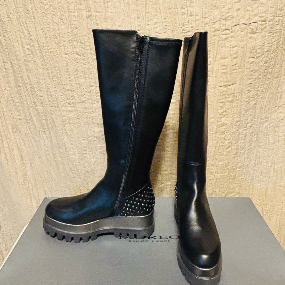 Black Studded Knee-High Boots Size 38
